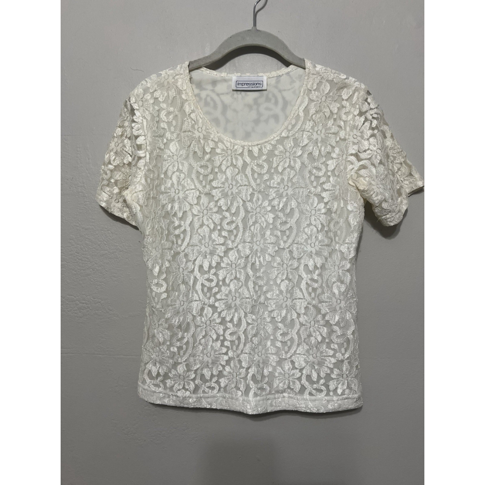 Victorian Lace Layer Floral Overlay Blouse Elegant Cream Romantic Feminine S